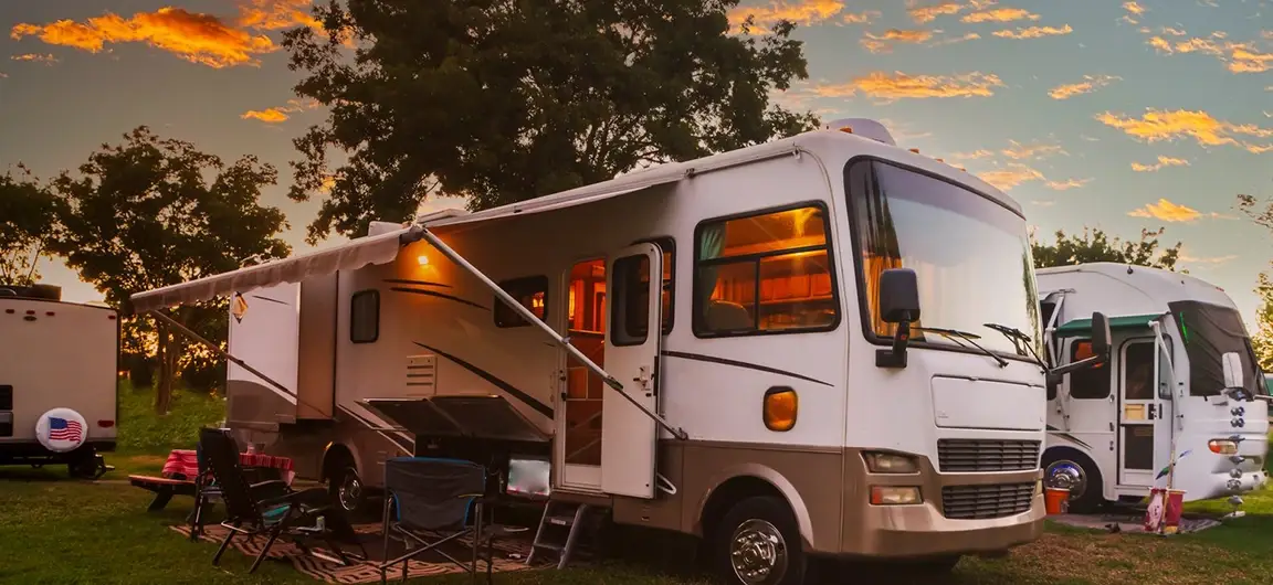 RV Parked at Campsite During Sunset in White Bear Lake MN