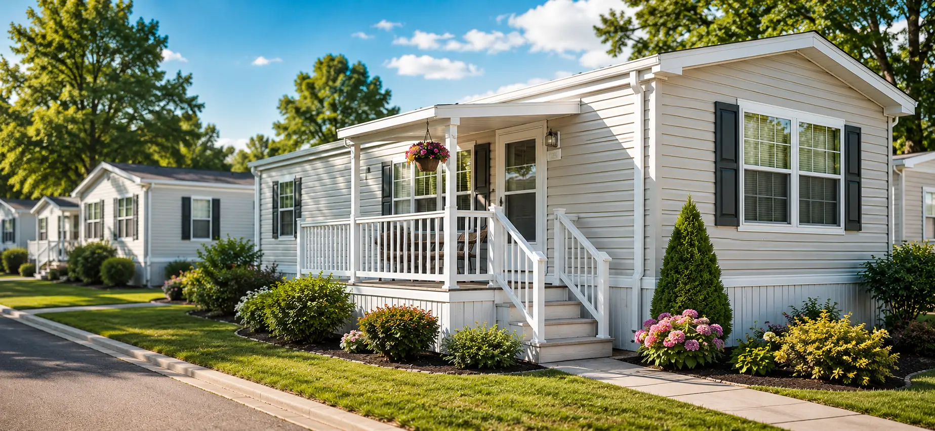 White Mobile Home in Sunny Neighborhood with Well-Maintained Garden